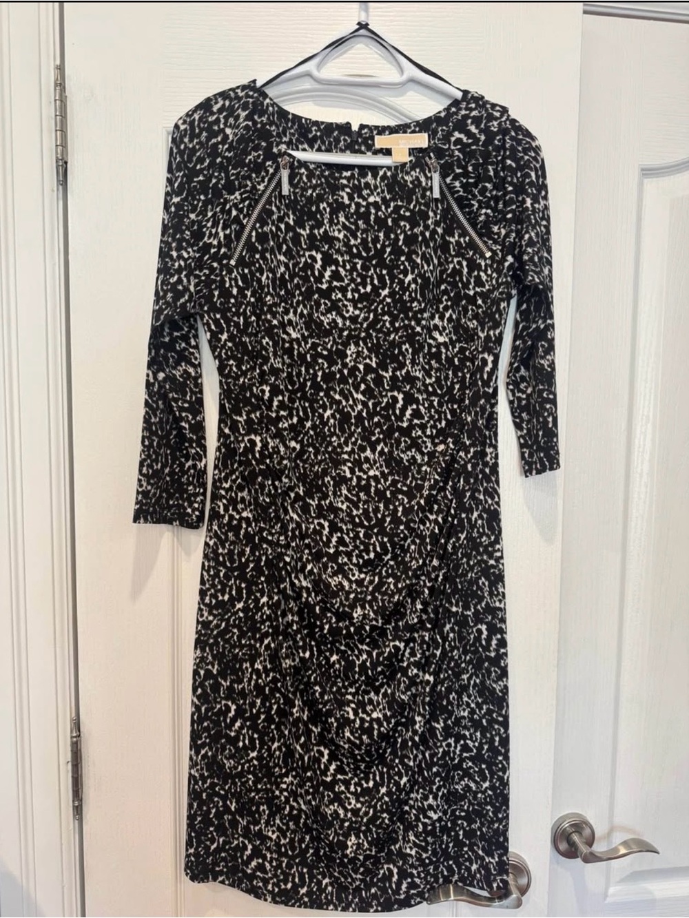 Michael Kors Black and White Patterned Long Sleeve Dress with Zip Detail
